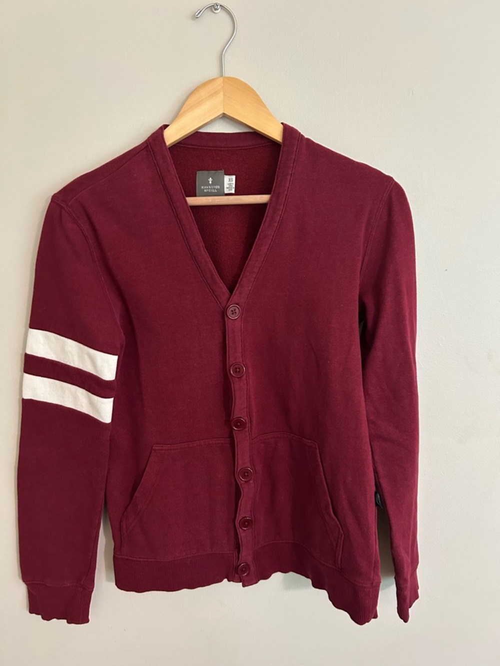 Men's Burgundy Button-Front Cardigan with Sleeve Stripes